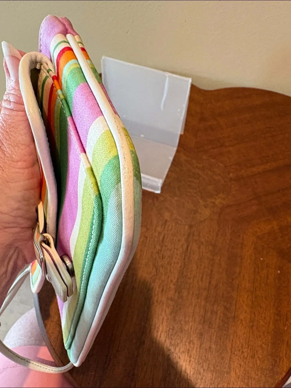 Coach Hampton wristlet clutch Multicolor Striped violet green / white leather